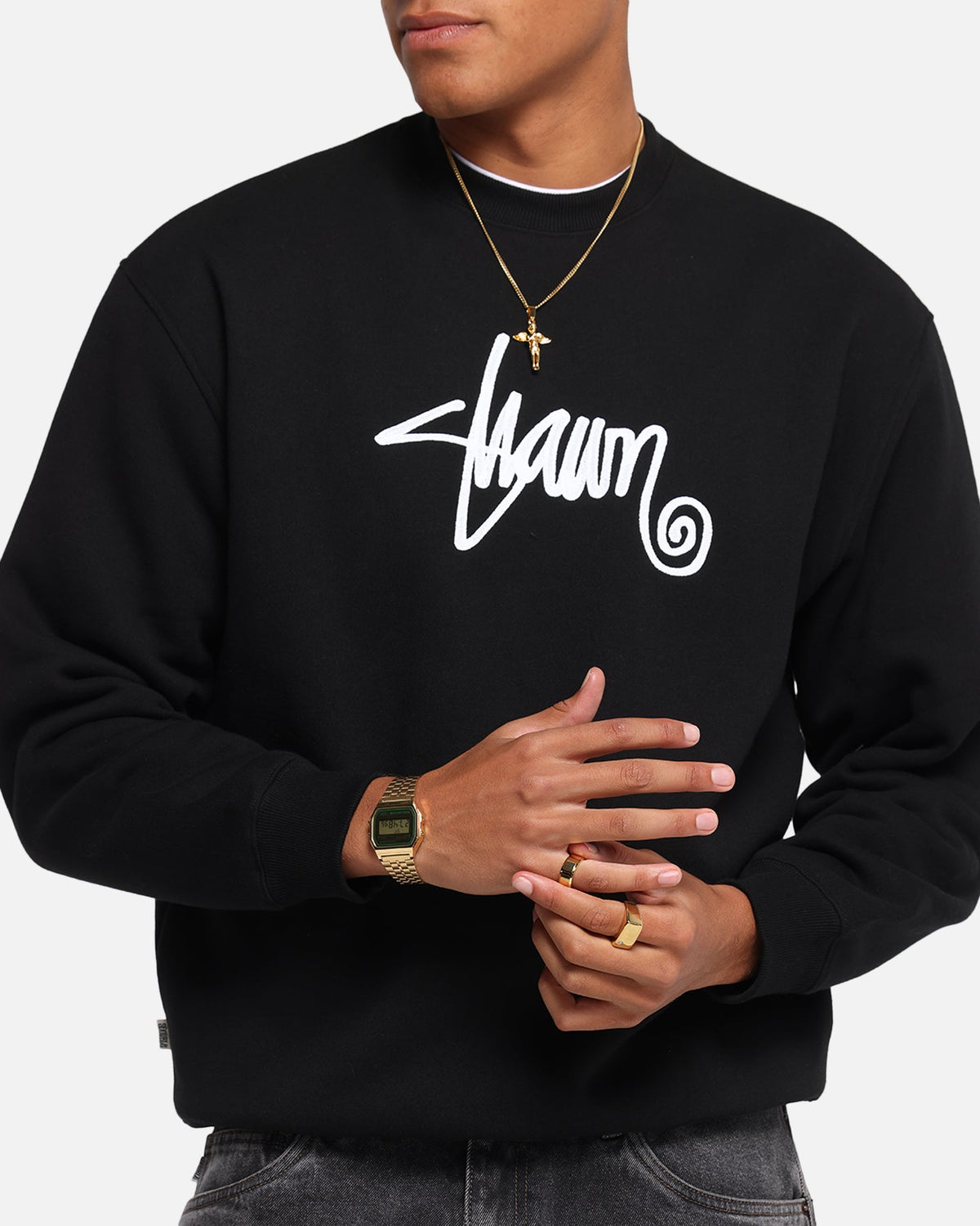 S Double Shawn Script Crewneck Black