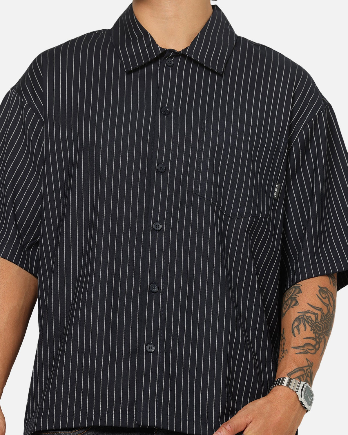 Carre Grid Button Up Shirt Navy Pinstripe