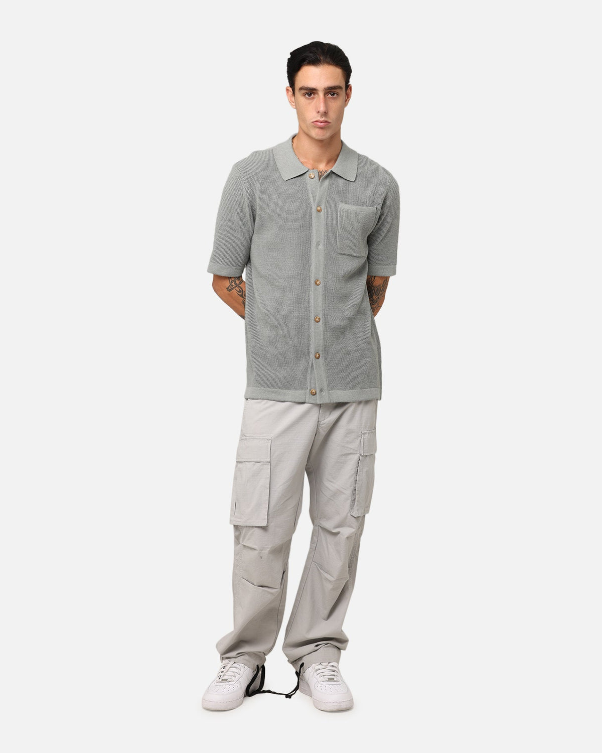 XXIII Zyair Knit Rib Button Up Shirt Olive