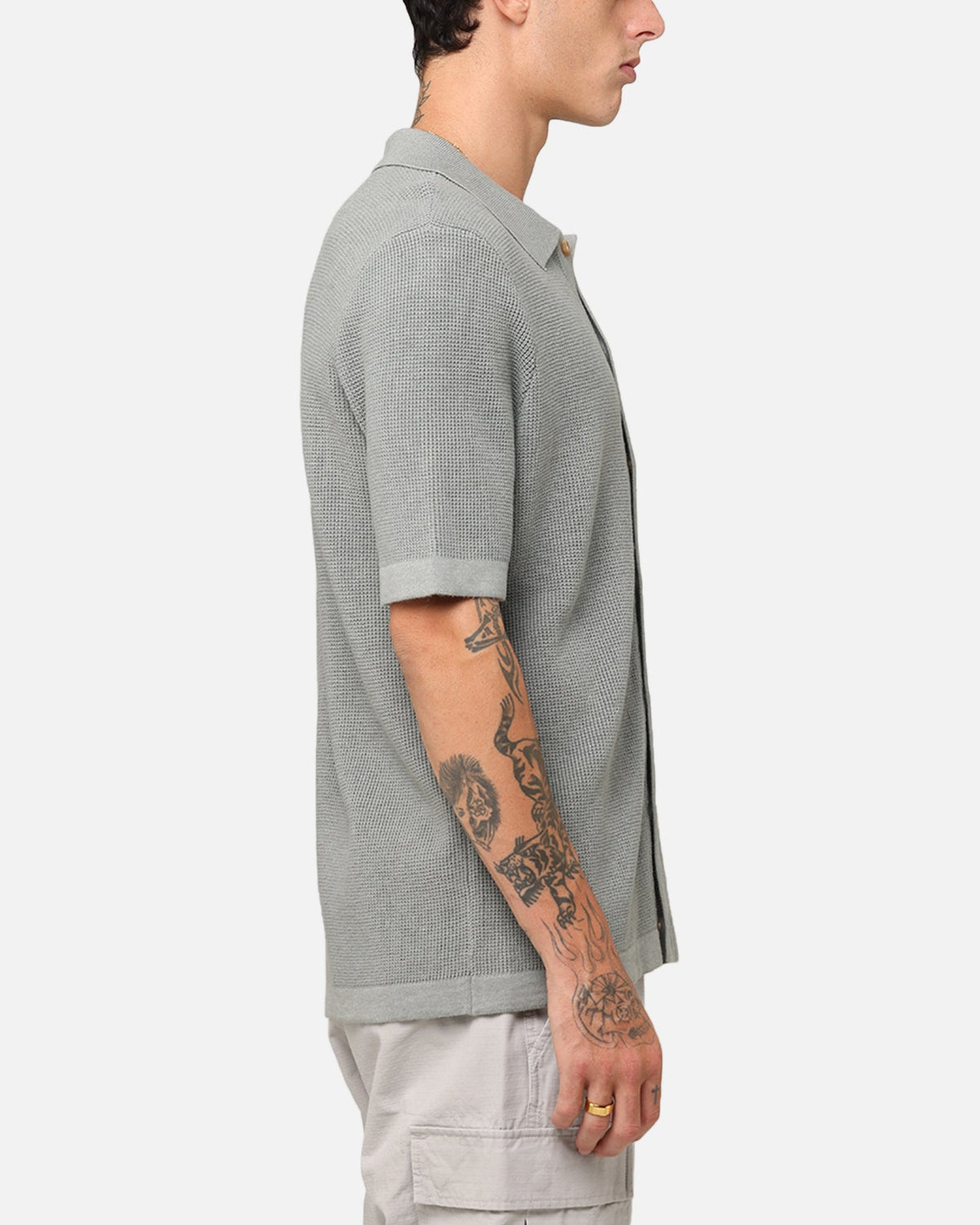 XXIII Zyair Knit Rib Button Up Shirt Olive
