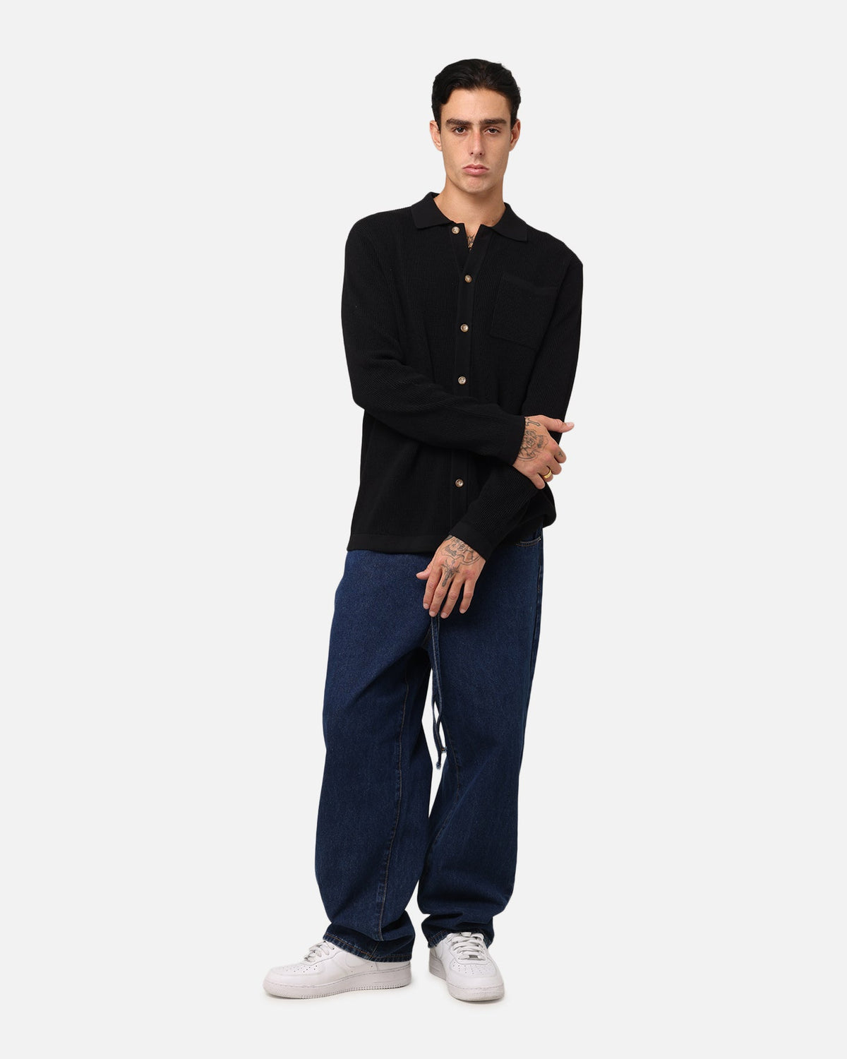 XXIII Zyair Knit Rib Long Sleeve Button Up Shirt Black