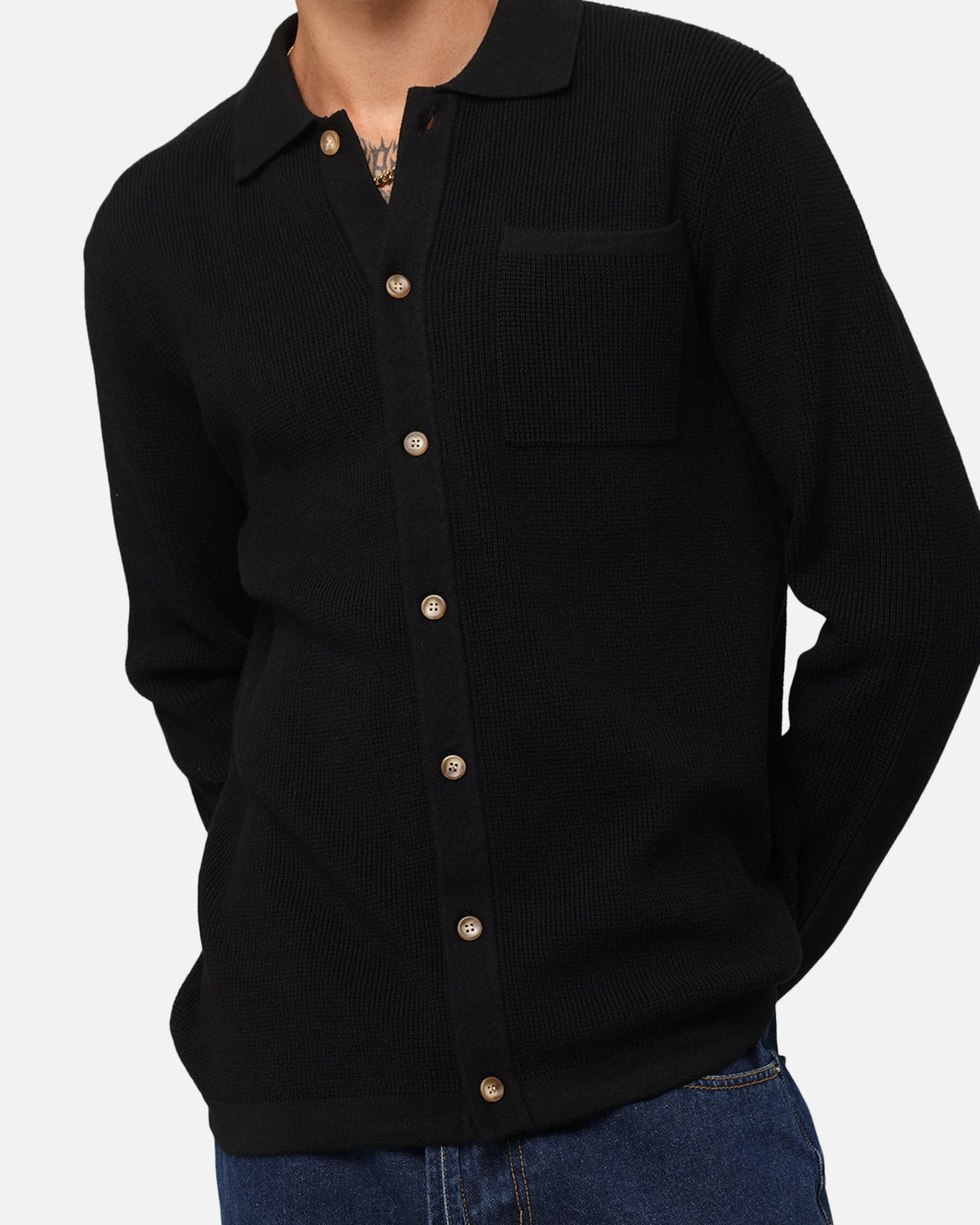 XXIII Zyair Knit Rib Long Sleeve Button Up Shirt Black