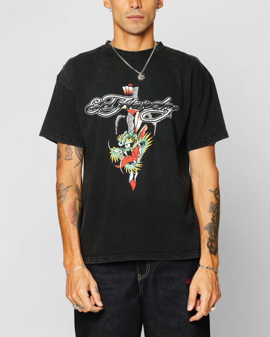 Ed Hardy Dragon Logo T-Shirt Black Acidwash