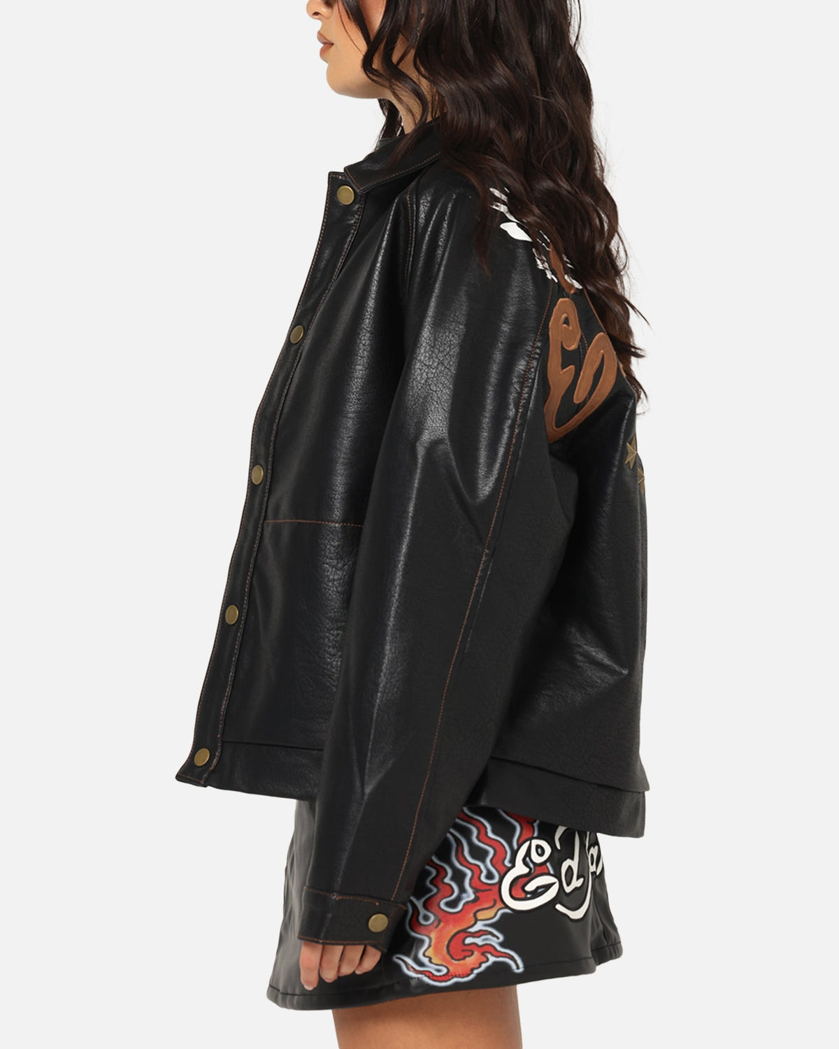Ed Hardy Women's Vegan Leather Bomber Jacket Black