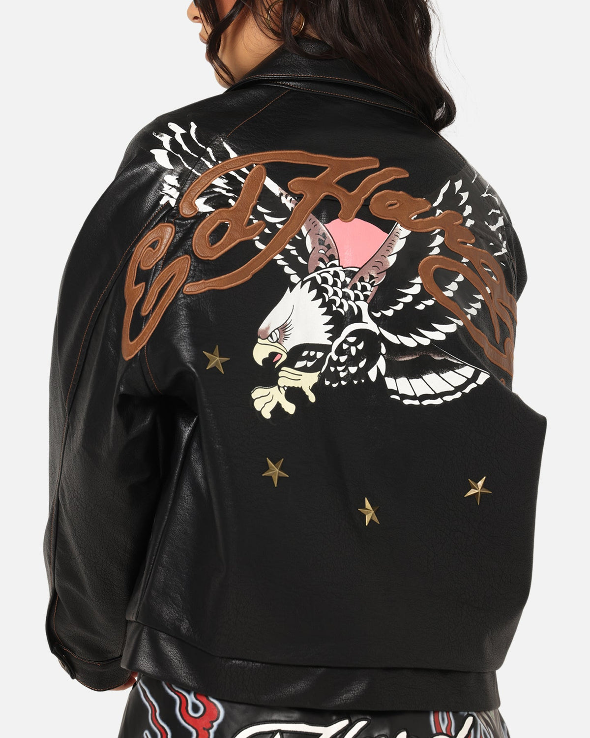 Ed Hardy Women's Vegan Leather Bomber Jacket Black