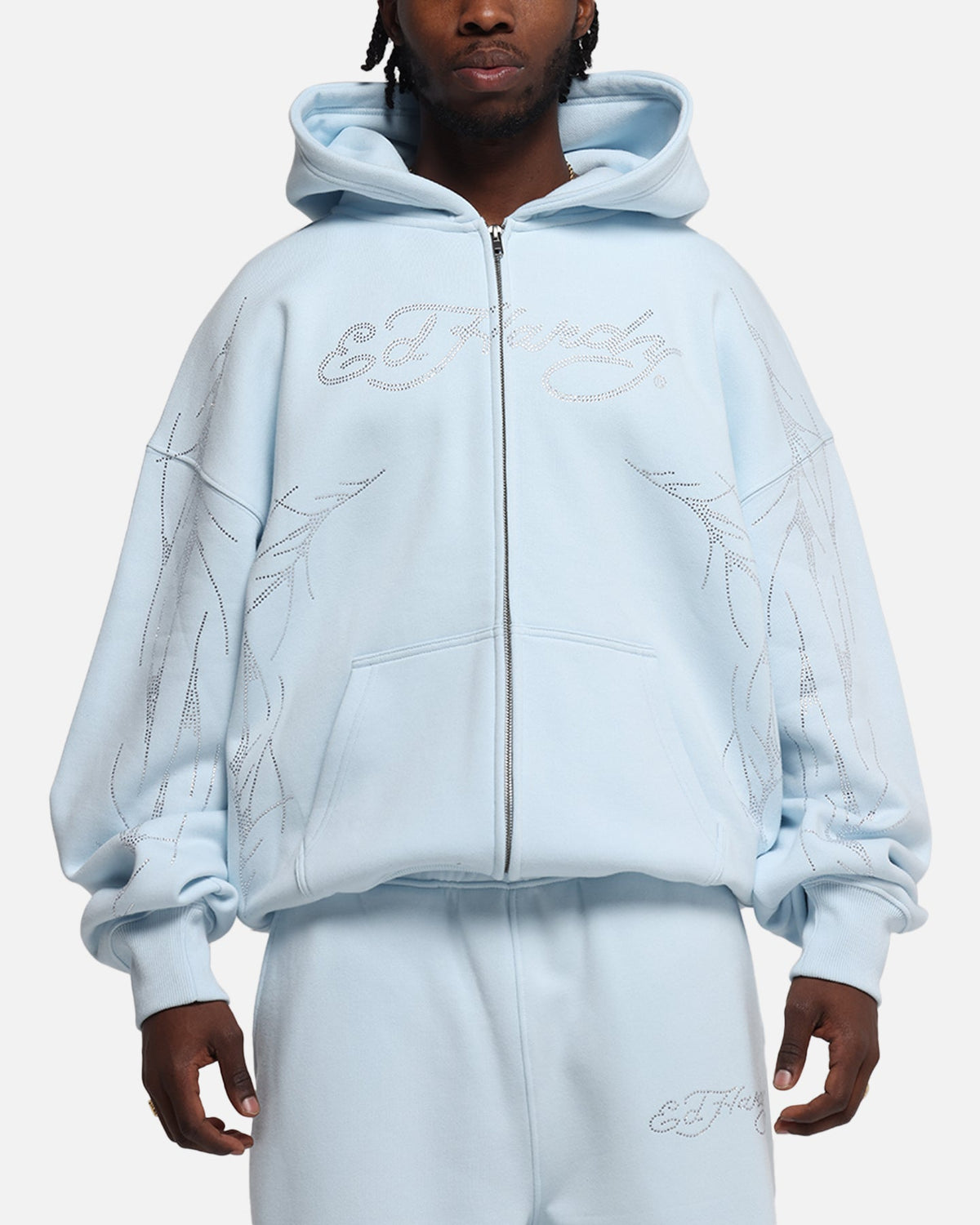 Ed Hardy Cyber Rhinestone Zip-Up Hoodie Light Blue