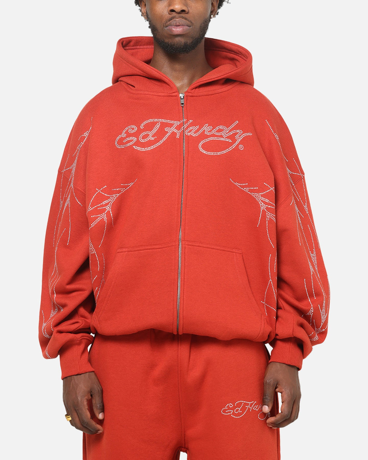 Ed Hardy Cyber Rhinestone Zip-Up Hoodie Red