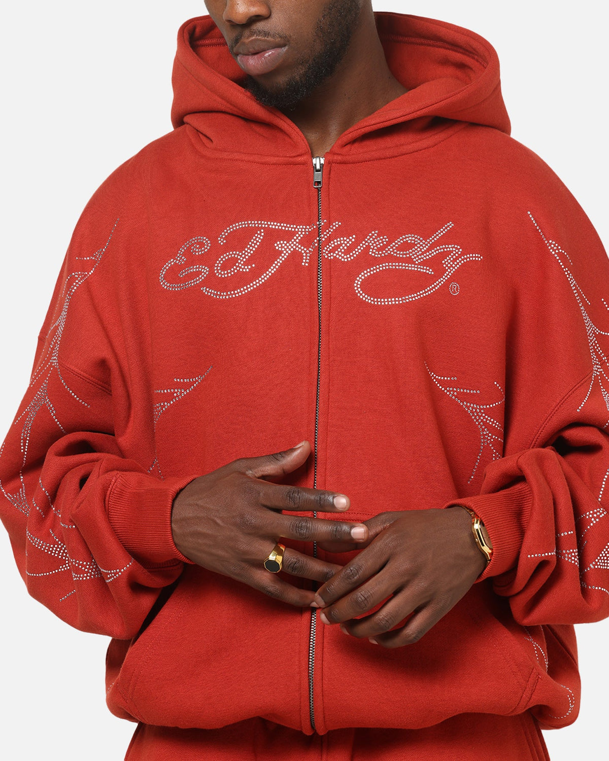 Ed Hardy Cyber Rhinestone Zip-Up Hoodie Red