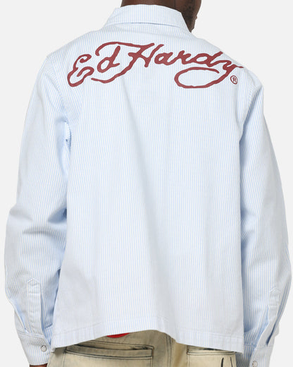 Ed Hardy Euro Button Up Shirt Blue Pinstripe