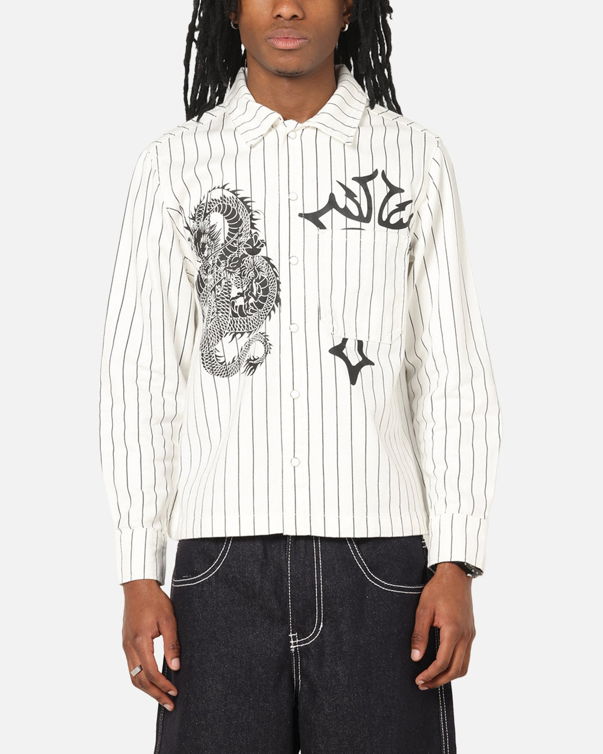 Ed Hardy Euro Button Up Shirt White Pinstripe