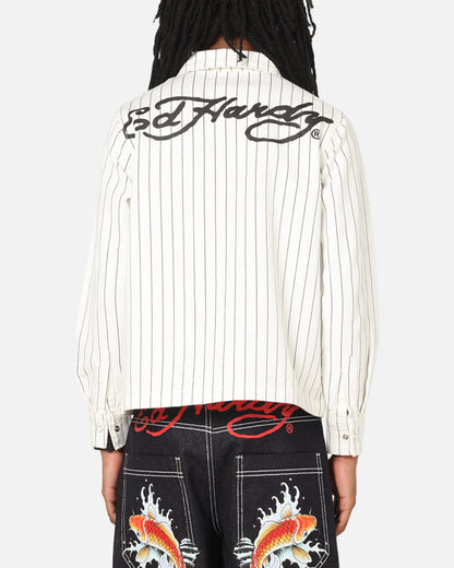 Ed Hardy Euro Button Up Shirt White Pinstripe