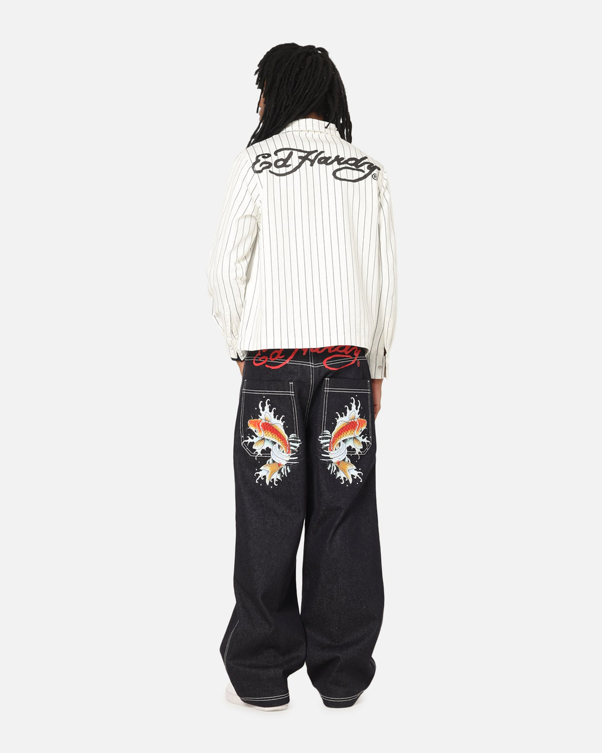 Ed Hardy Euro Button Up Shirt White Pinstripe