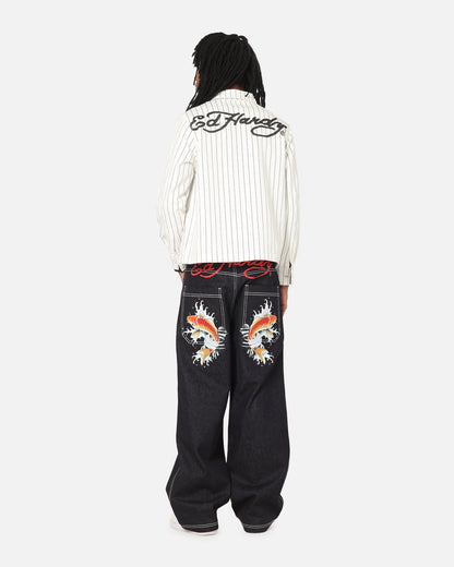 Ed Hardy Euro Button Up Shirt White Pinstripe