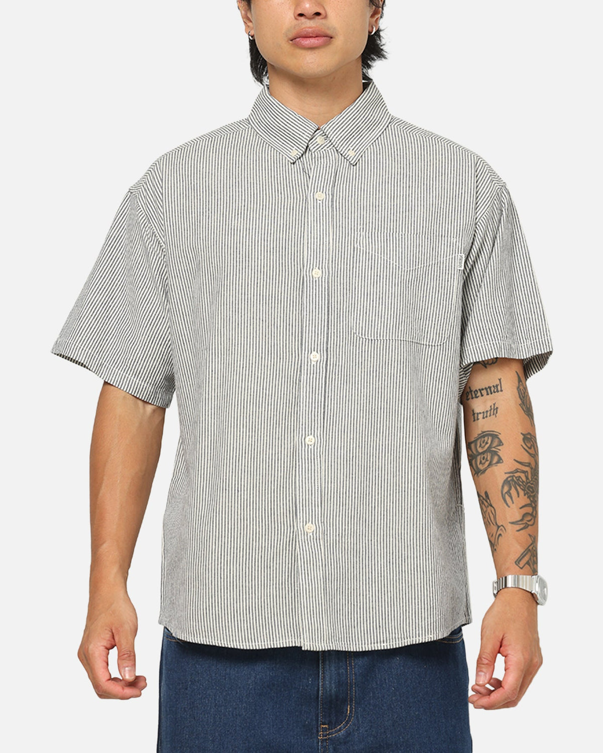 S Double Bay Stripe Classic Button Up Shirt Black/White Stripe