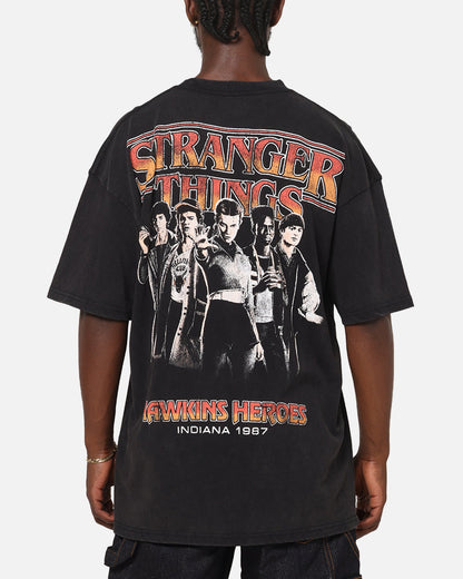 73Studio X Stranger Things Hawkins Heroes T-Shirt Black Acidwash