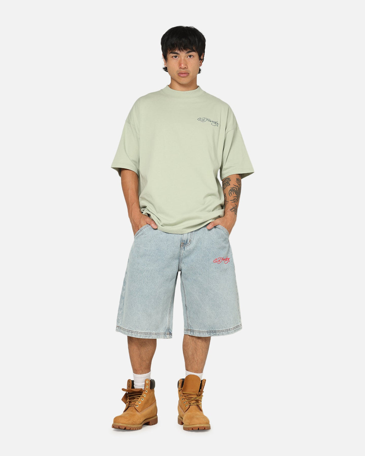 Ed Hardy Brave Hearts Jorts Light Wash Denim