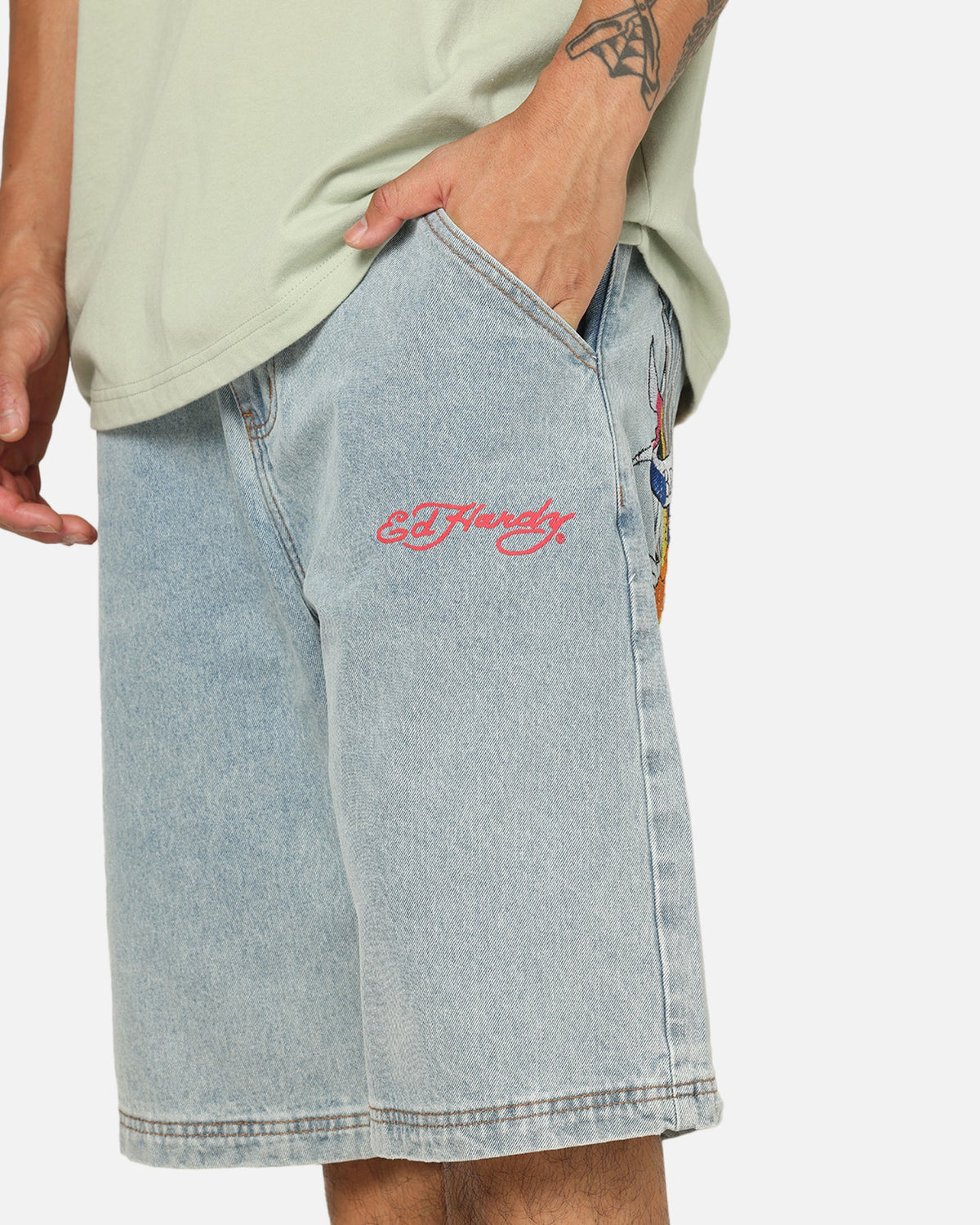 Ed Hardy Brave Hearts Jorts Light Wash Denim
