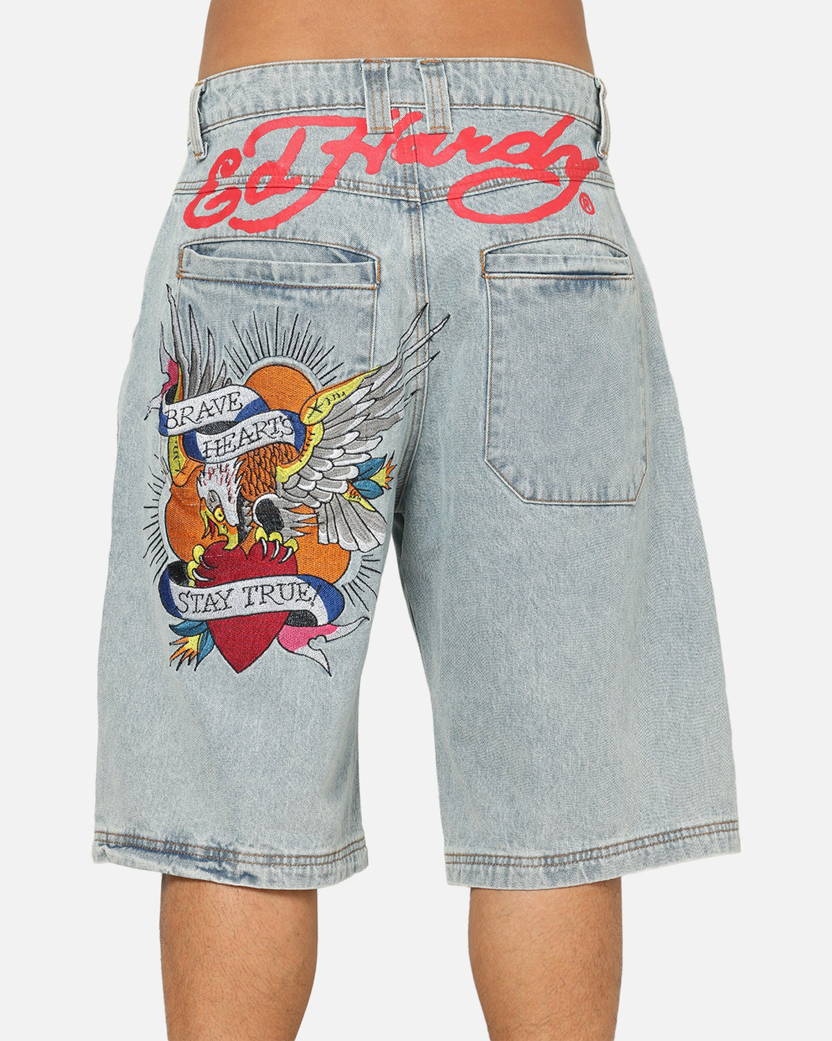 Ed Hardy Brave Hearts Jorts Light Wash Denim