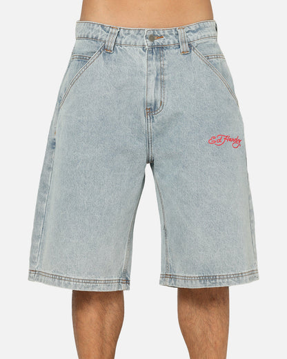 Ed Hardy Brave Hearts Jorts Light Wash Denim